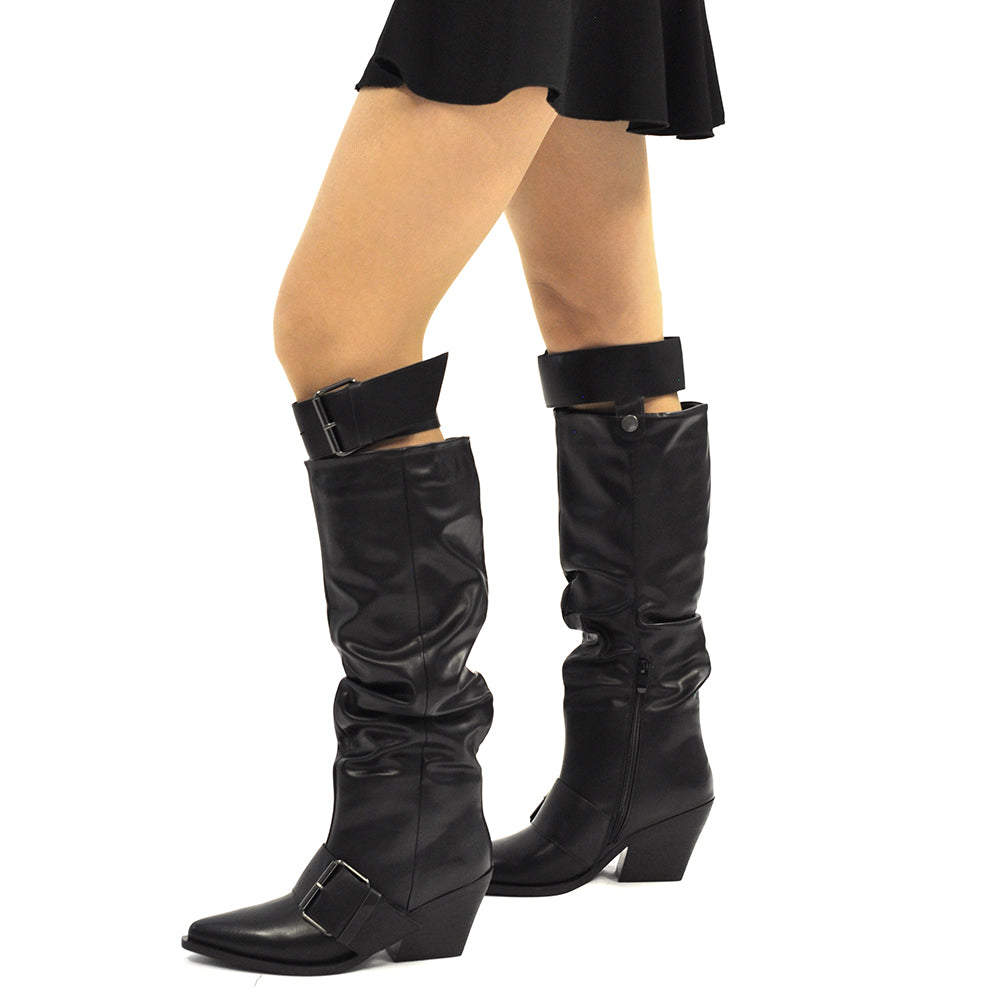 Stivali Texani Western alti donna con punta affusolata e gambale arricciato tacco a cono e cinturino largo rimovibile GA043 nero
