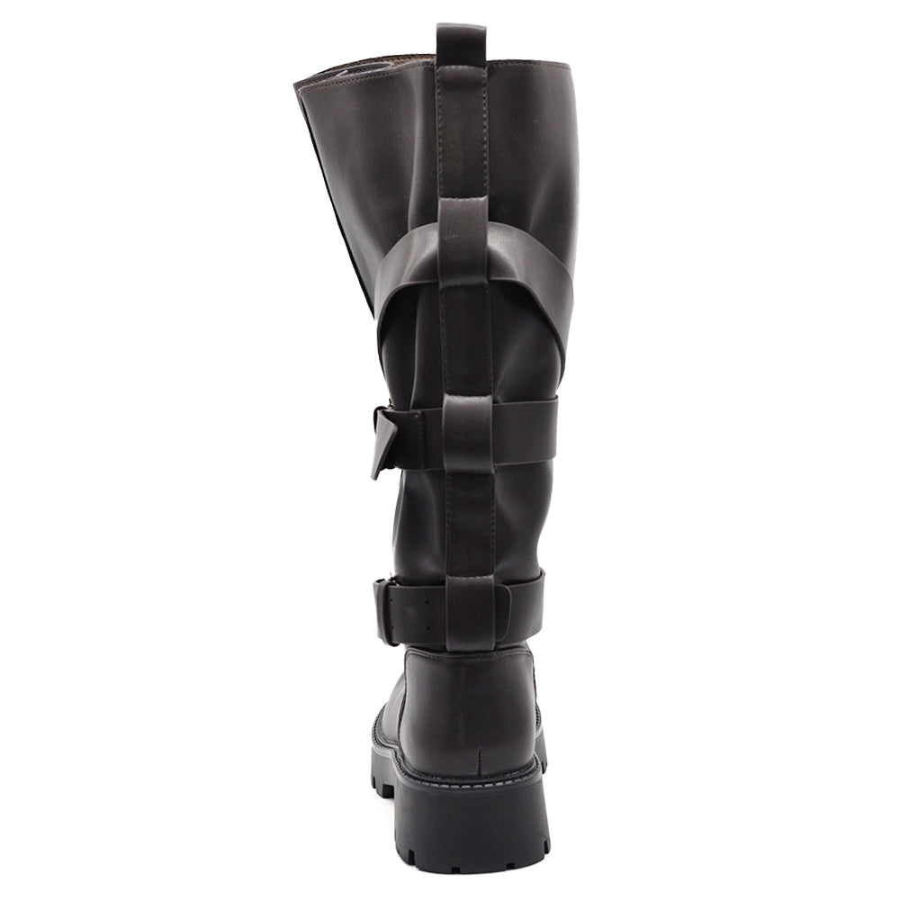 Stivali Biker Donna Alti con Maxi Linguetta Integrata, Fibbie e Cinturini, Gambale Largo, Suola Platform Carrarmato Stile Motociclista WG602