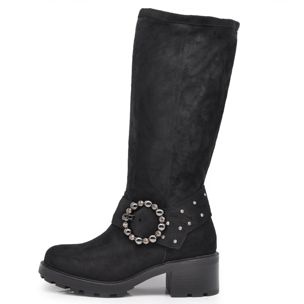 Stivali Biker Motociclista da Donna Al Polpaccio Con Cinghia Staccabile Fibbia Strass Camoscio Doppio Uso GR-6662 nero camel