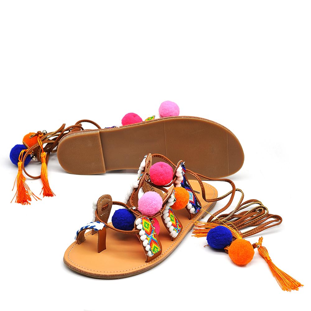 Scarpe Sandali Da Donna Schiava Ibiza Pom Pom Bohémien Frange Colorate IF1317