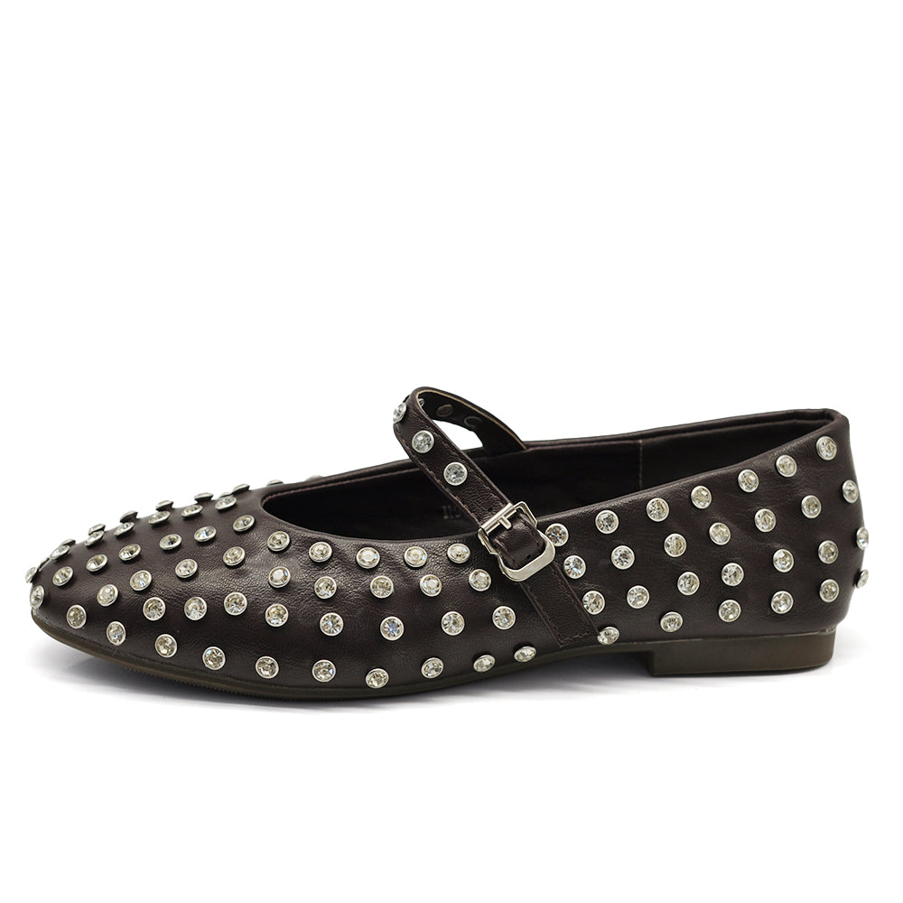 Mary Jane Ballerine con Cinturino Borchie e Strass Brillantini Punta Tonda in Pelle H90