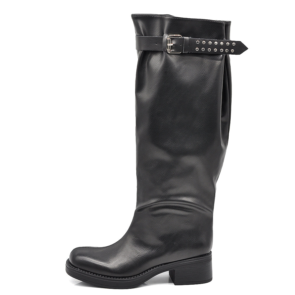 Stivali Donna Gambale Regolabile con Fibbie – Punta Quadrata Trendy, Stivali Alti Moda