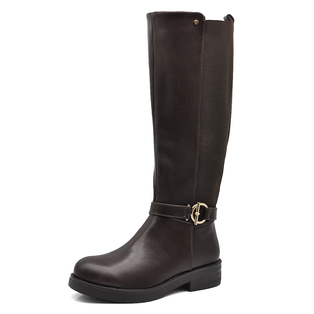 Stivali Donna Cavallerizzi con Inserto Elastico e Fibbia – Stivali Alti Stile Equestre con Zip Laterale 736