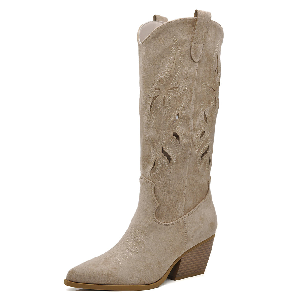 Stivali Alti Primaverili Texani Donna Traforati al Ginocchio – Stivaletti Western con Tacco Medio