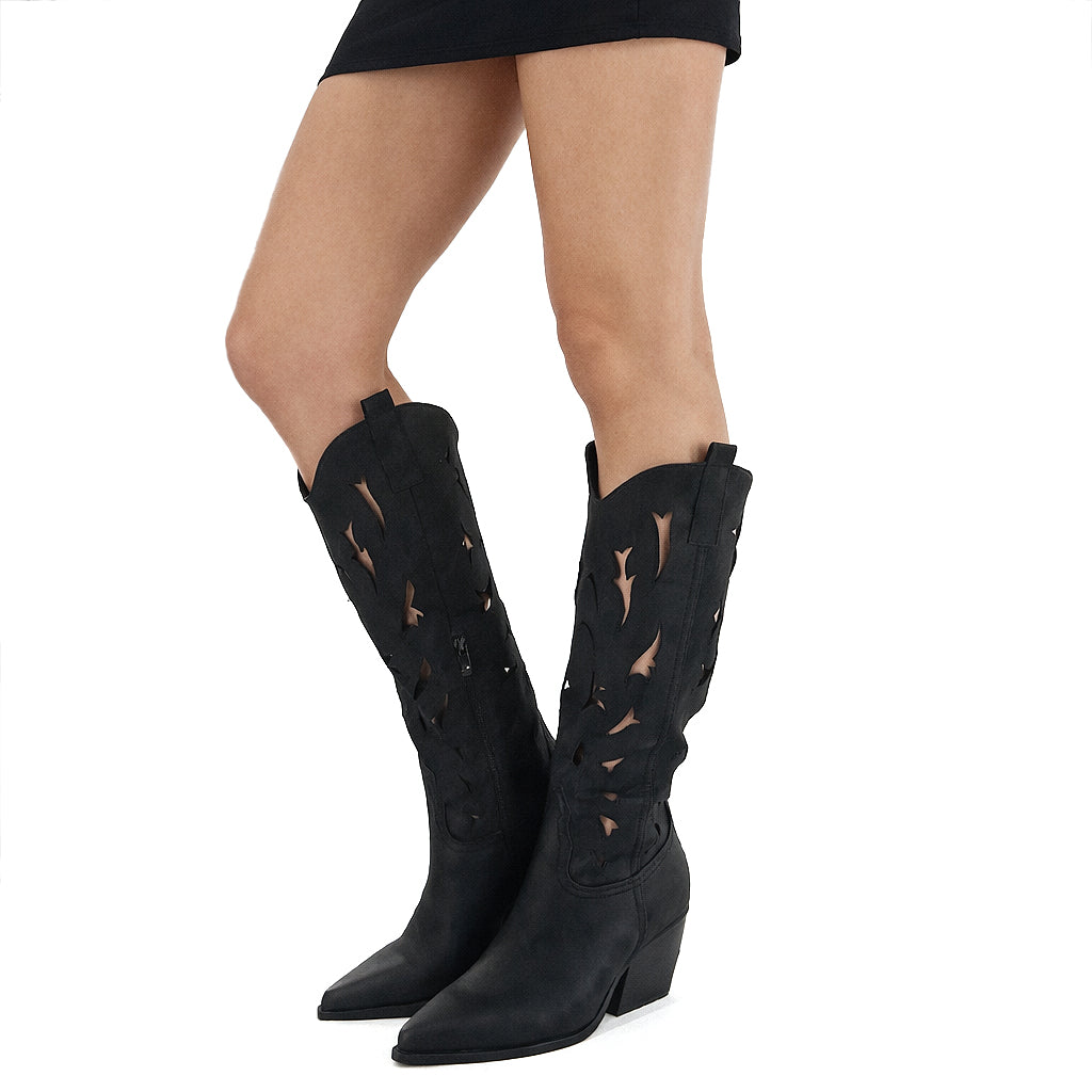 Stivali Alti Primaverili Texani Donna Traforati al Ginocchio – Stivaletti Western con Tacco Medio