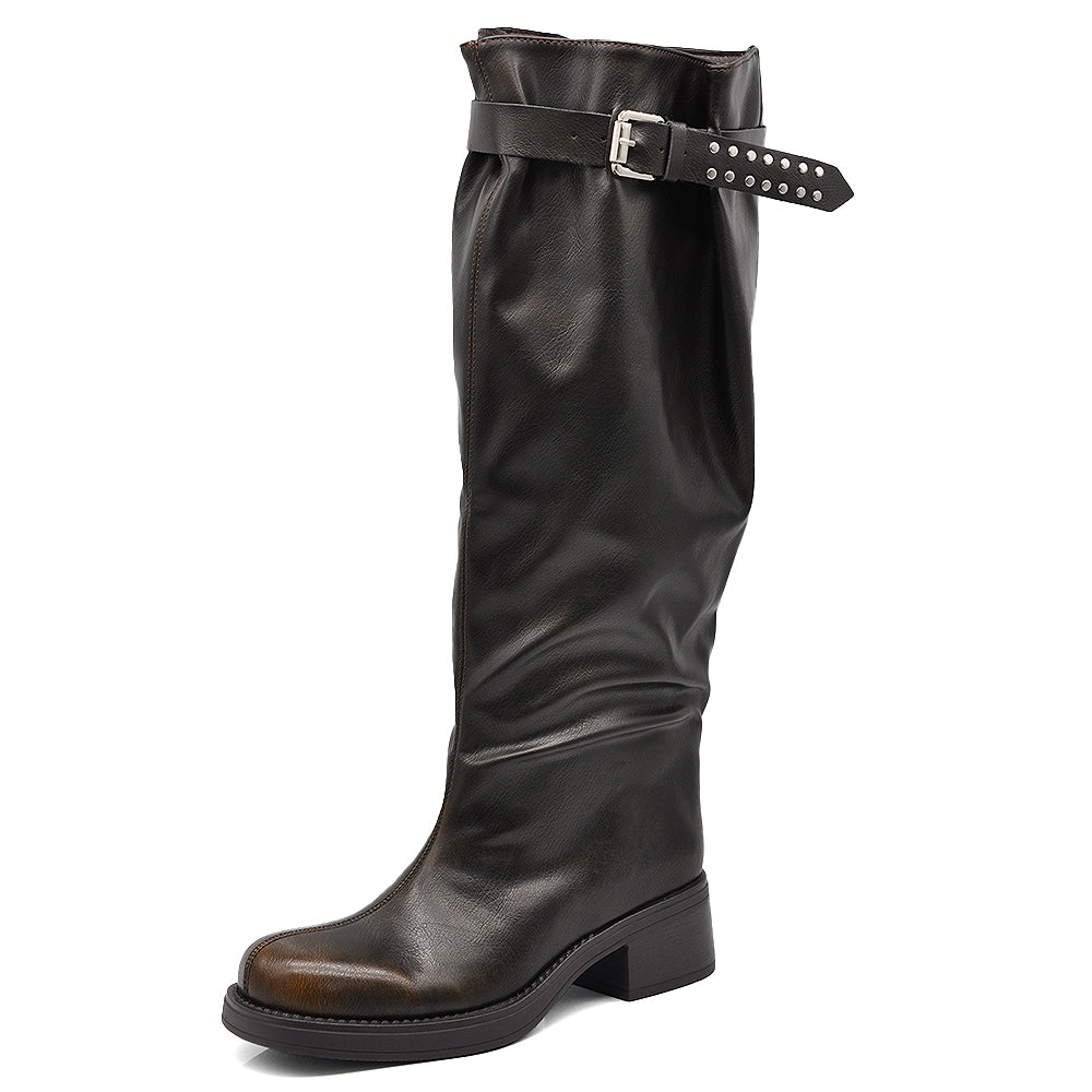 Stivali Donna Gambale Regolabile con Fibbie – Punta Quadrata Trendy, Stivali Alti Moda