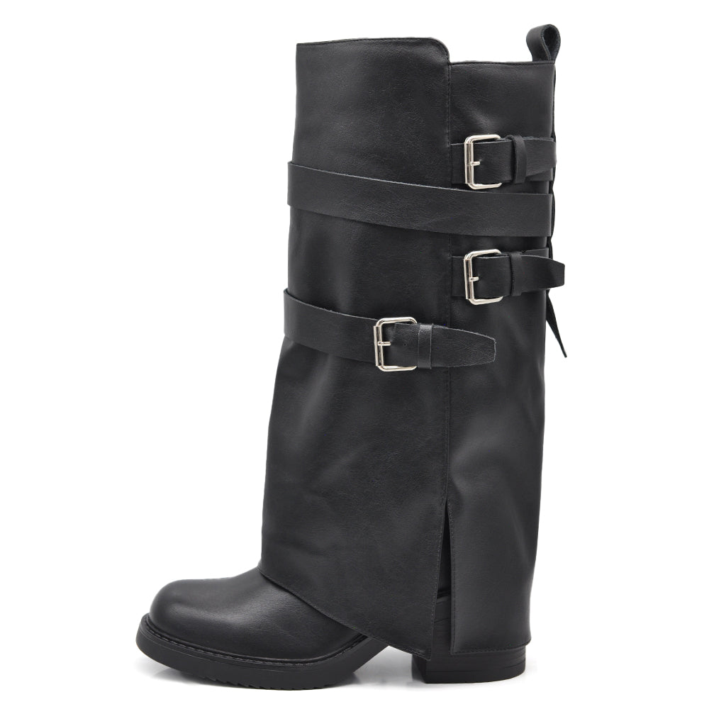 Stivali Biker Donna con Ghette, Fibbie Laterali e Tacco Largo, Modello Comodo dal Look Rock e Casual Chic