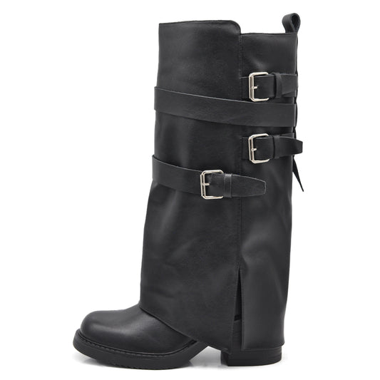 Stivali Biker Donna con Ghette, Fibbie Laterali e Tacco Largo, Modello Comodo dal Look Rock e Casual Chic
