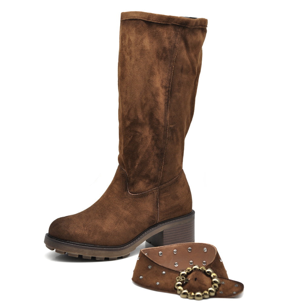 Stivali Biker Motociclista da Donna Al Polpaccio Con Cinghia Staccabile Fibbia Strass Camoscio Doppio Uso GR-6662 nero camel