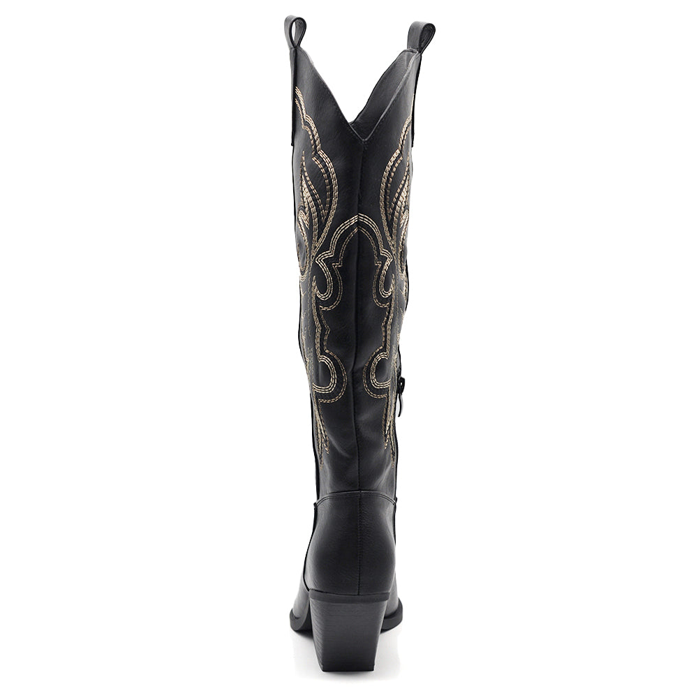 Stivali Texani Donna al Ginocchio Effetto Vintage – Stivali Western Ricamati con Tacco Largo