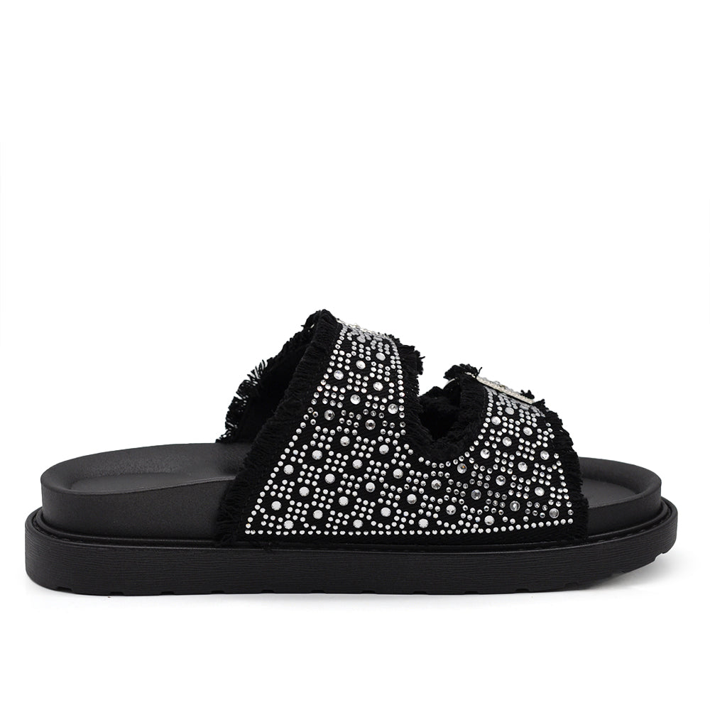 Sandali Donna Denim con Strass e Doppia Fibbia, Ciabatte Estive Casual con Plantare Ergonomico e Supporto Arco, Sandali Moda Comodi