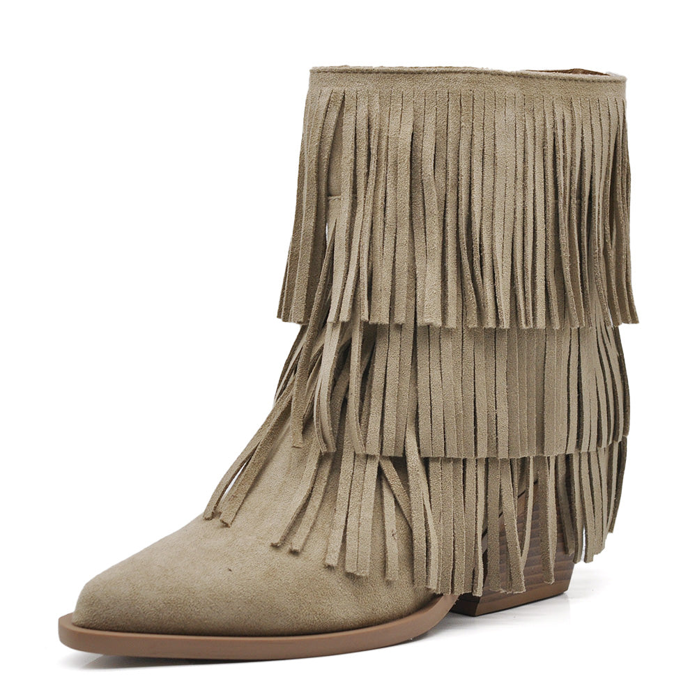 Stivaletti Donna con Frange Stile Western Texani – Tronchetti Casual con Tacco Medio,Camperos in Camoscio Sintetico  GA056