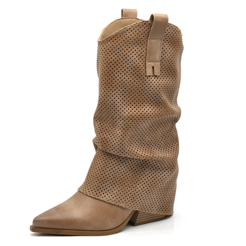Stivaletti Arricciati Texani Donna con Decorazione Esterna Traforata e Tacco Medio – Stivali Western