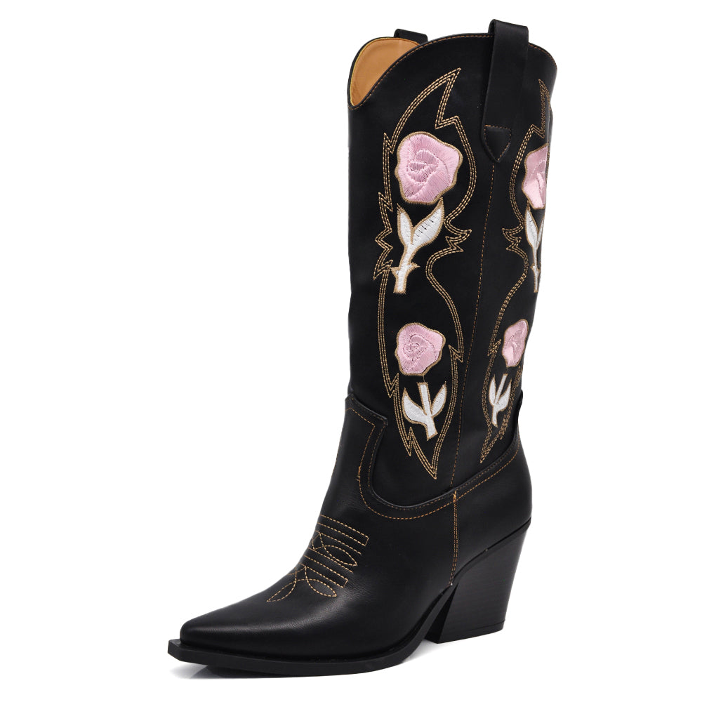 Stivali Texani Donna con Ricamo Floreale Tacco Largo Punta a Mandorla Stivaletti Western MP736-12