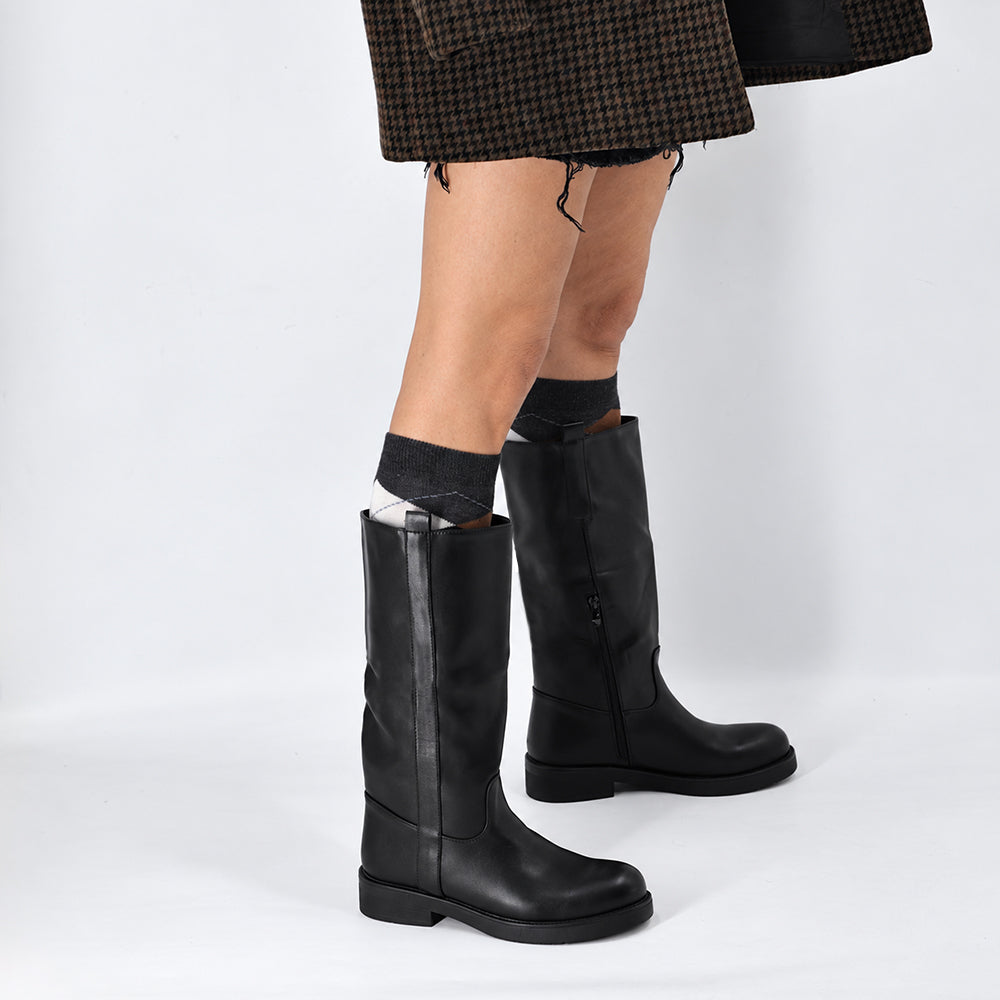Stivali Biker Donna Alti con Gambale Dritto, Suola Chunky e Tacco Basso – Stivali Moto Casual 731