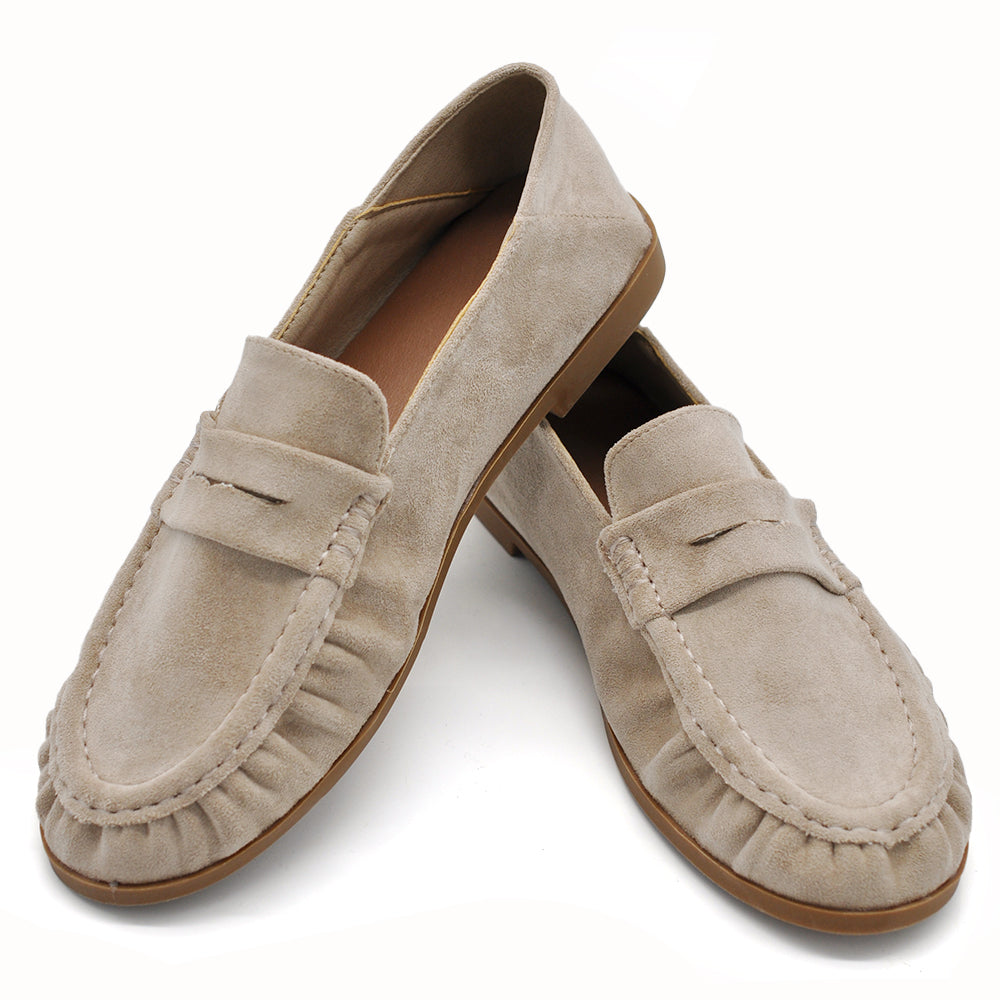 Mocassini Donna Morbidi Effetto Scamosciato, Scarpe Basse Casual Vintage con Arricciature e Cuciture a Vista, Loafer Comodi Stile Artigianale H178