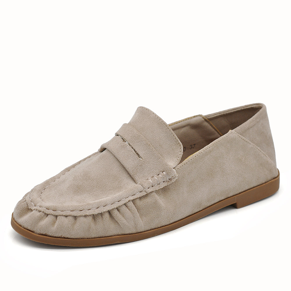 Mocassini Donna Morbidi Effetto Scamosciato, Scarpe Basse Casual Vintage con Arricciature e Cuciture a Vista, Loafer Comodi Stile Artigianale H178