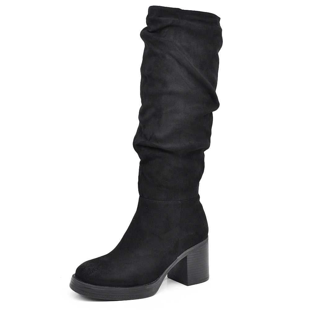 Stivali Camperos Stropicciati Donna Polpaccio Tacco Medio Grosso Camoscio GL21