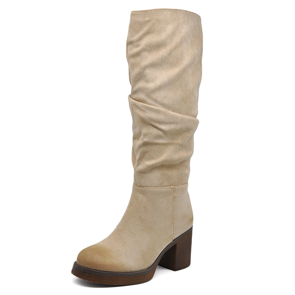 Stivali Camperos Stropicciati Donna Polpaccio Tacco Medio Grosso Camoscio GL21