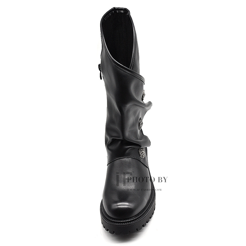 IF Fashion Scarpe da Donna Stivali Stivaletti Biker Fibbie Anfibi al Polpaccio con Fibbie Bottoni Medaglie Tacco 5,5cm 23927