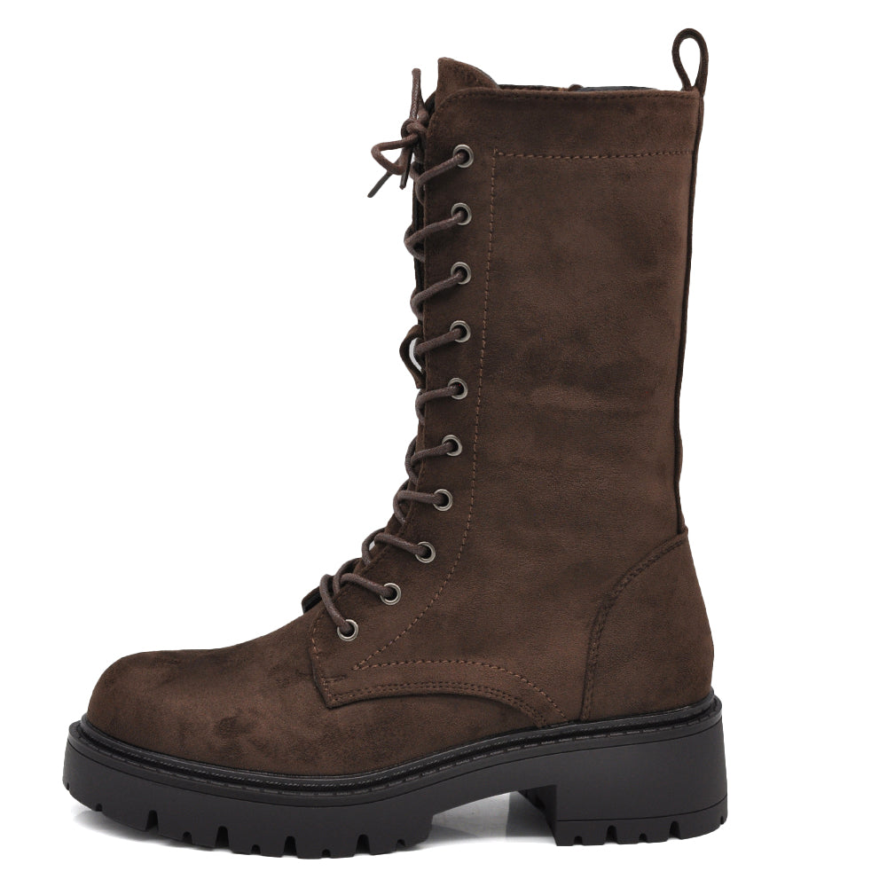 Titolo prodotto: Stivali Anfibi Donna Alti Stringati con Suola Carrarmato e Zip Laterale – Combat Boots Biker