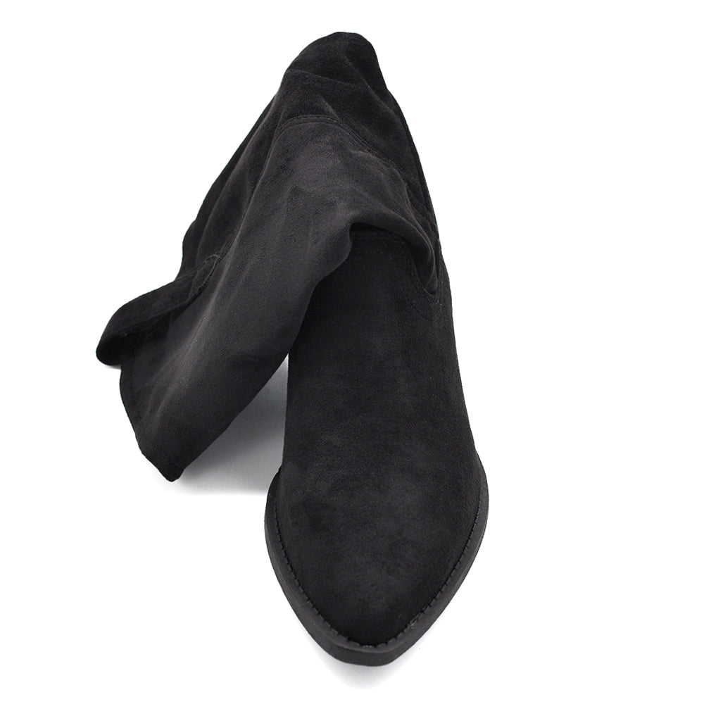 Stivali Texani Donna Camperos Slouchy Morbidi Arricciabili in Effetto Scamosciato con Tacco Largo e Punta Affusolata K0136