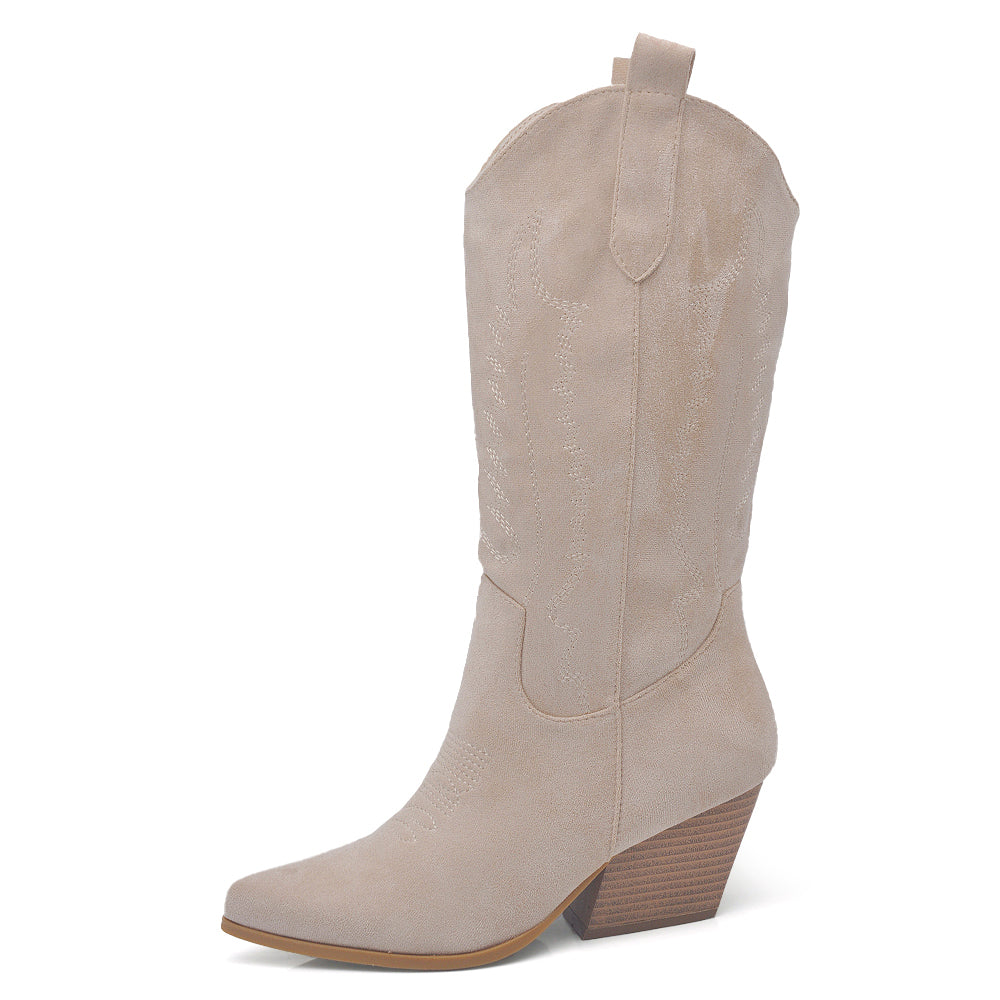 Stivali Texani Donna al Polpaccio con Tacco Largo – Stivali Western Leggeri in Materiale Camoscio Sintetico