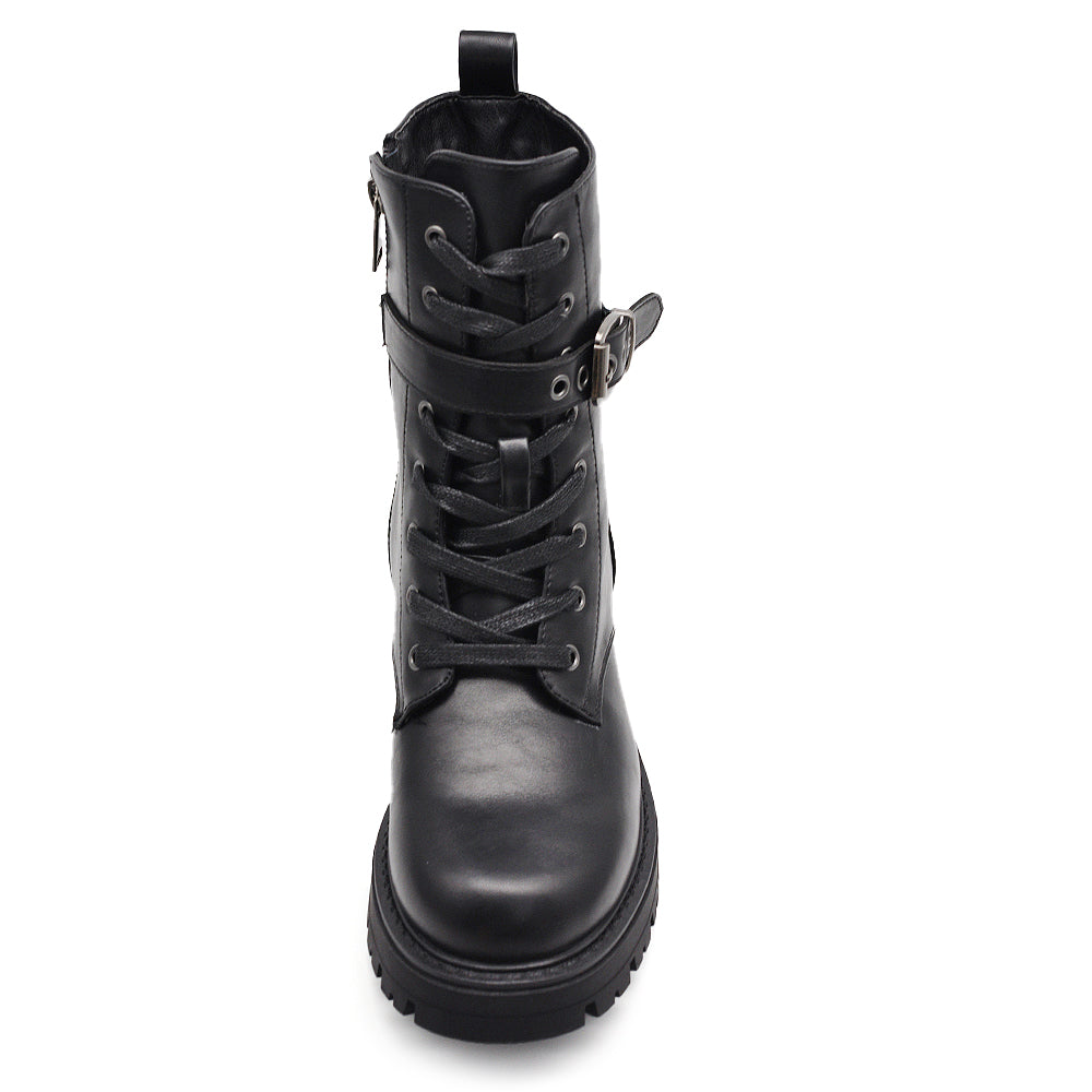 Stivali da donna stile combat boots con lacci fibbia platform look punk/gotico casual MP2747-2 nero
