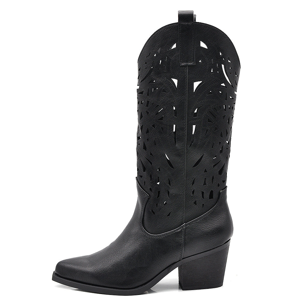 Stivali Alti Primaverili Texani Donna Traforati al Polpaccio – Stivaletti Western con Tacco Medio
