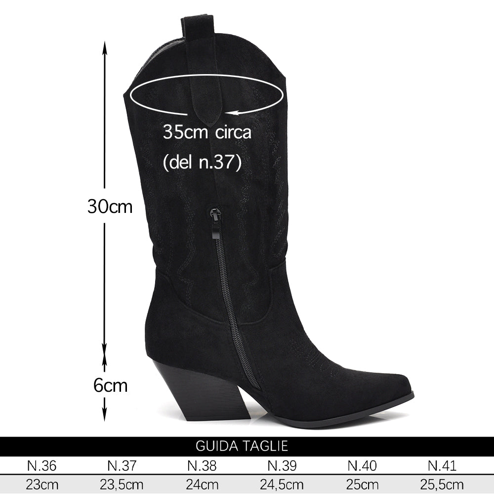 Stivali Texani Donna al Polpaccio con Tacco Largo – Stivali Western Leggeri in Materiale Camoscio Sintetico