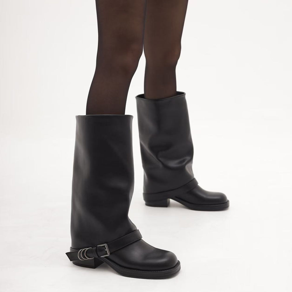 Stivali Da Donna Punta Quadrata Con Ghetta Risvolto cinturino decorativo MP2707-3 nero