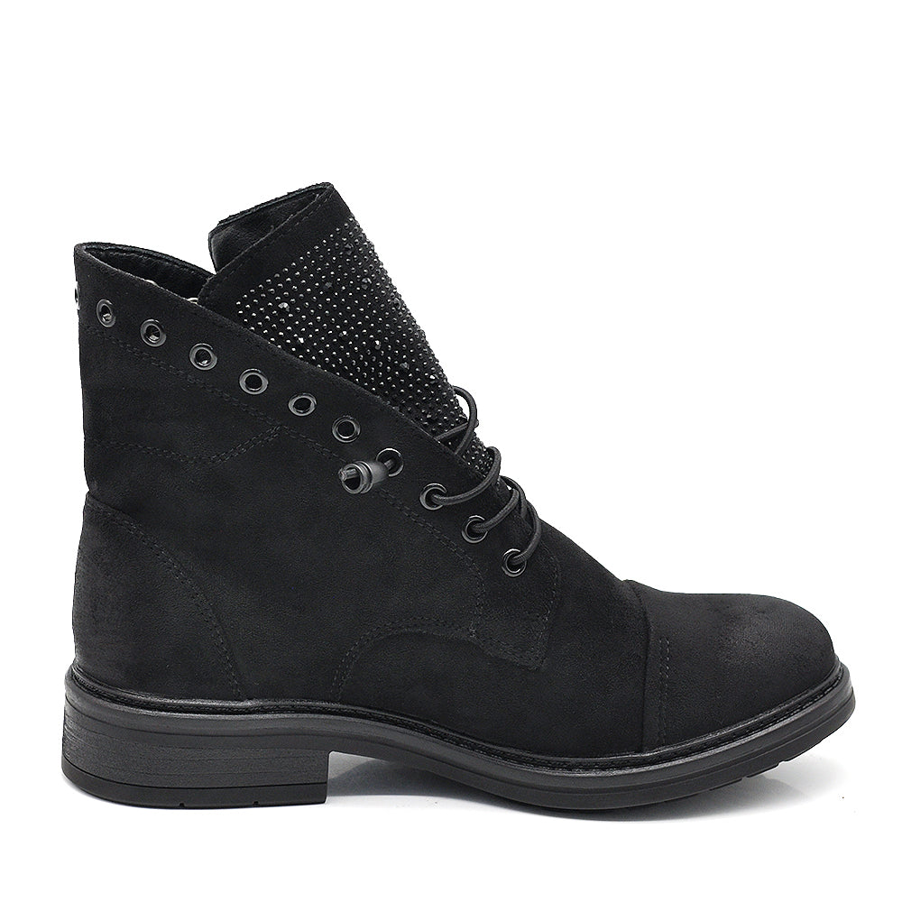 Anfibi Donna Biker Effetto Scamosciato con Strass, Tronchetti con Lacci Elastici, Punta Rinforzata