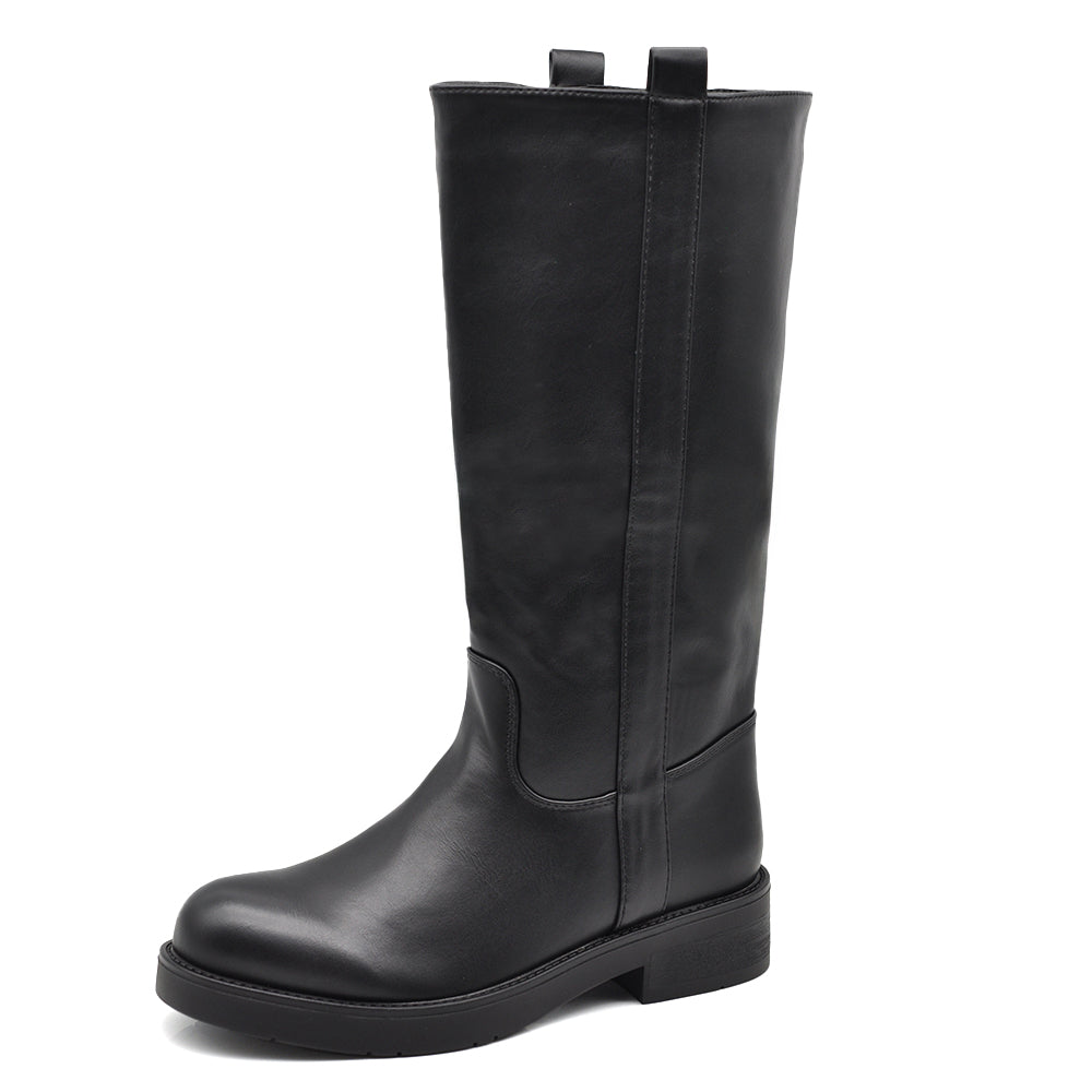 Stivali Biker Donna Alti con Gambale Dritto, Suola Chunky e Tacco Basso – Stivali Moto Casual 731
