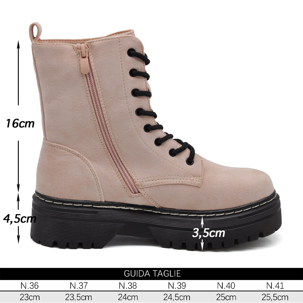 Stivali Anfibi Donna Stringati con Suola Carrarmato e Zip Laterale – Combat Boots Biker GR-6686 pink rosa nude