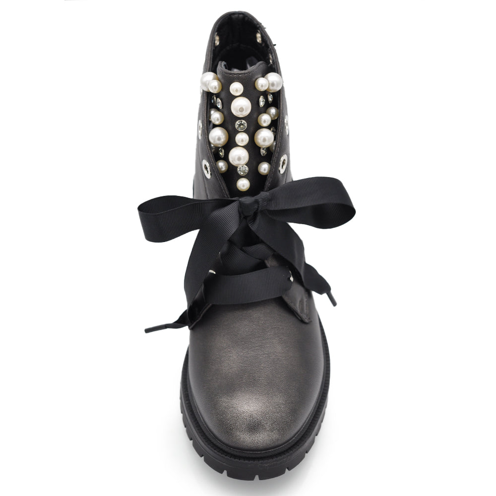 Anfibi Stivali Stivaletti con Strass e Perline MS1555 colore canna di fucile