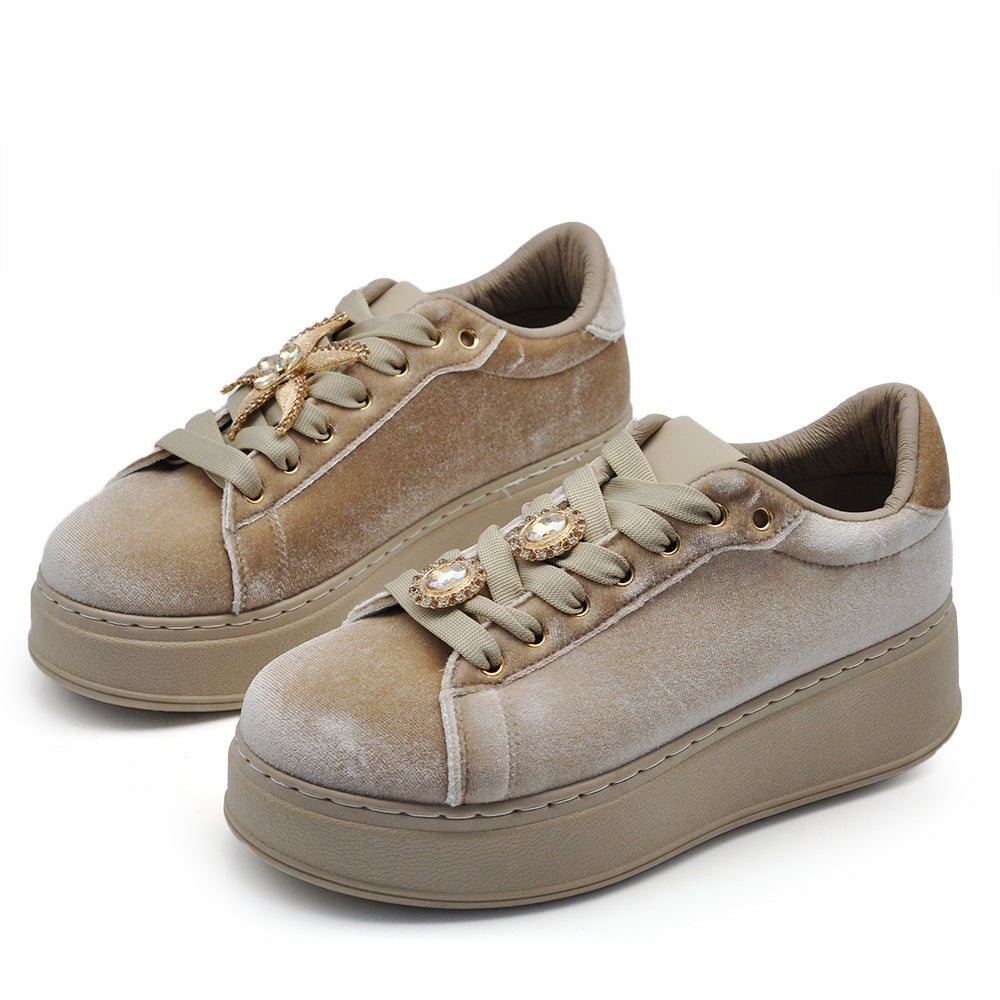 Sneakers donna platform eleganti con applicazioni gioiello scarpe casual moda comfort con decorazioni brillanti AD-147 velluto
