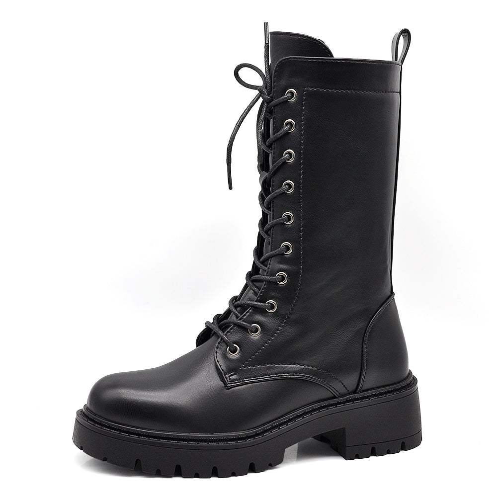 Stivali Anfibi Donna Alti Stringati con Suola Carrarmato e Zip Laterale – Combat Boots Biker