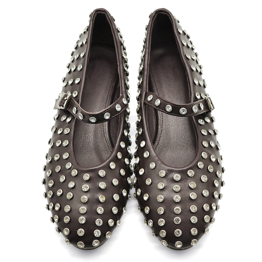 Mary Jane Ballerine con Cinturino Borchie e Strass Brillantini Punta Tonda in Pelle H90