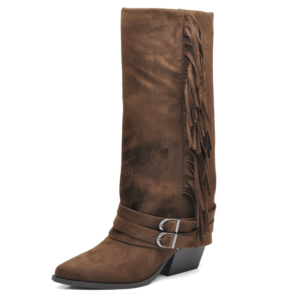 Stivali Texani Cowboy Cowgirl Con Ghetta Frange Camoscio Sintetico Camperos G709 nero marrone khaki