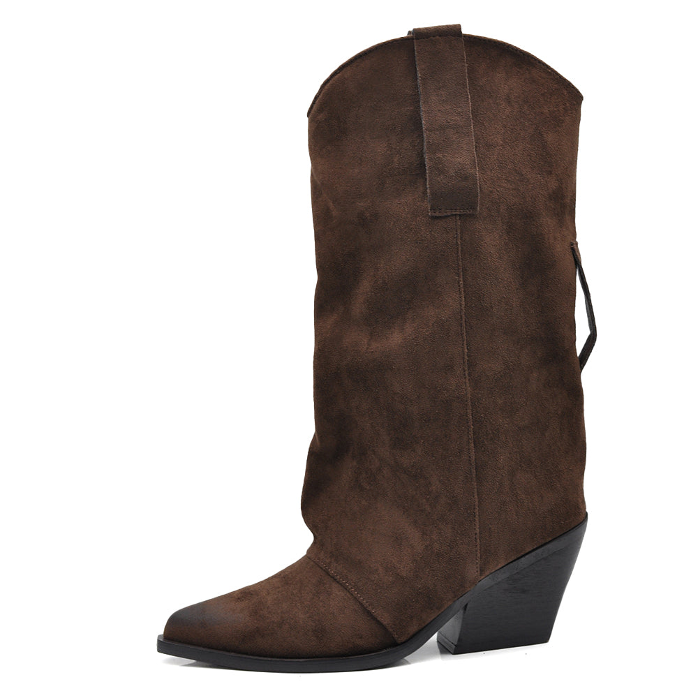 Stivali Texani Donna Western con Borchie e Frange Rimovibili a 3 Strati Tacco Medio nero marrone khaki