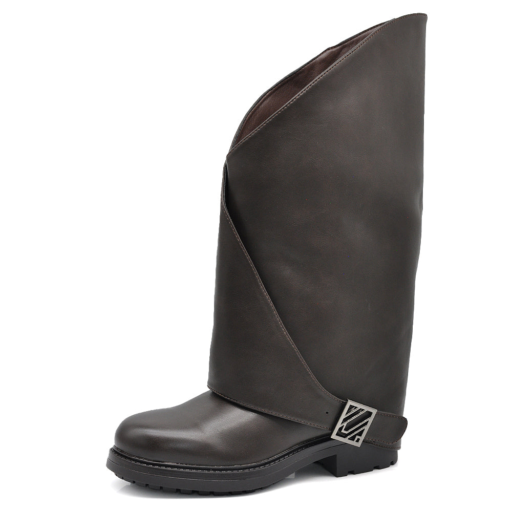 Stivali Biker da Donna Alti con Gambale Extra Largo con Fibbia Suola Carrarmato Antiscivolo Casual