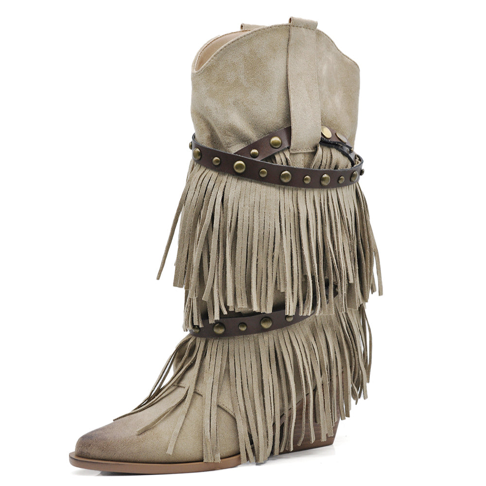 Stivali Texani Donna Western con Borchie e Frange Rimovibili a 3 Strati Tacco Medio nero marrone khaki