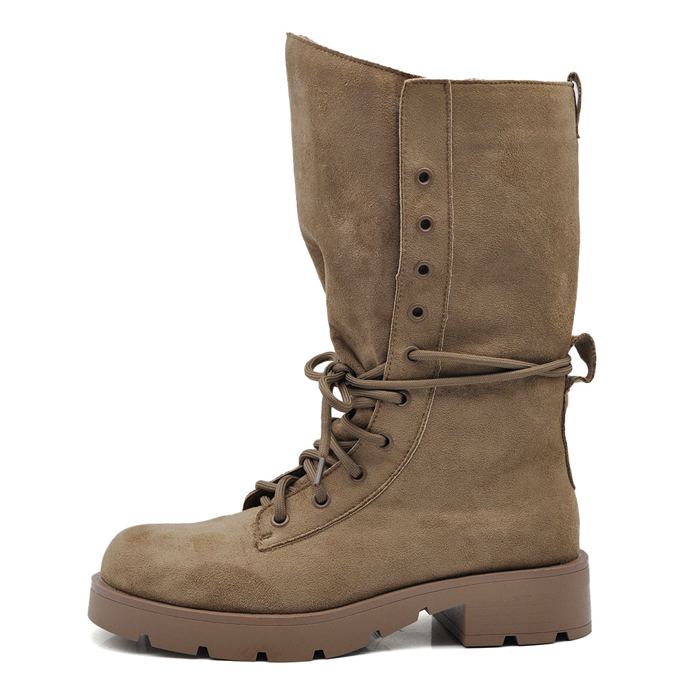 Stivali Donna Anfibi Alti Scamosciati con Lacci, Gambale Morbido e Ampio, Suola Chunky Carrarmato, Stivali Biker Casual 52280