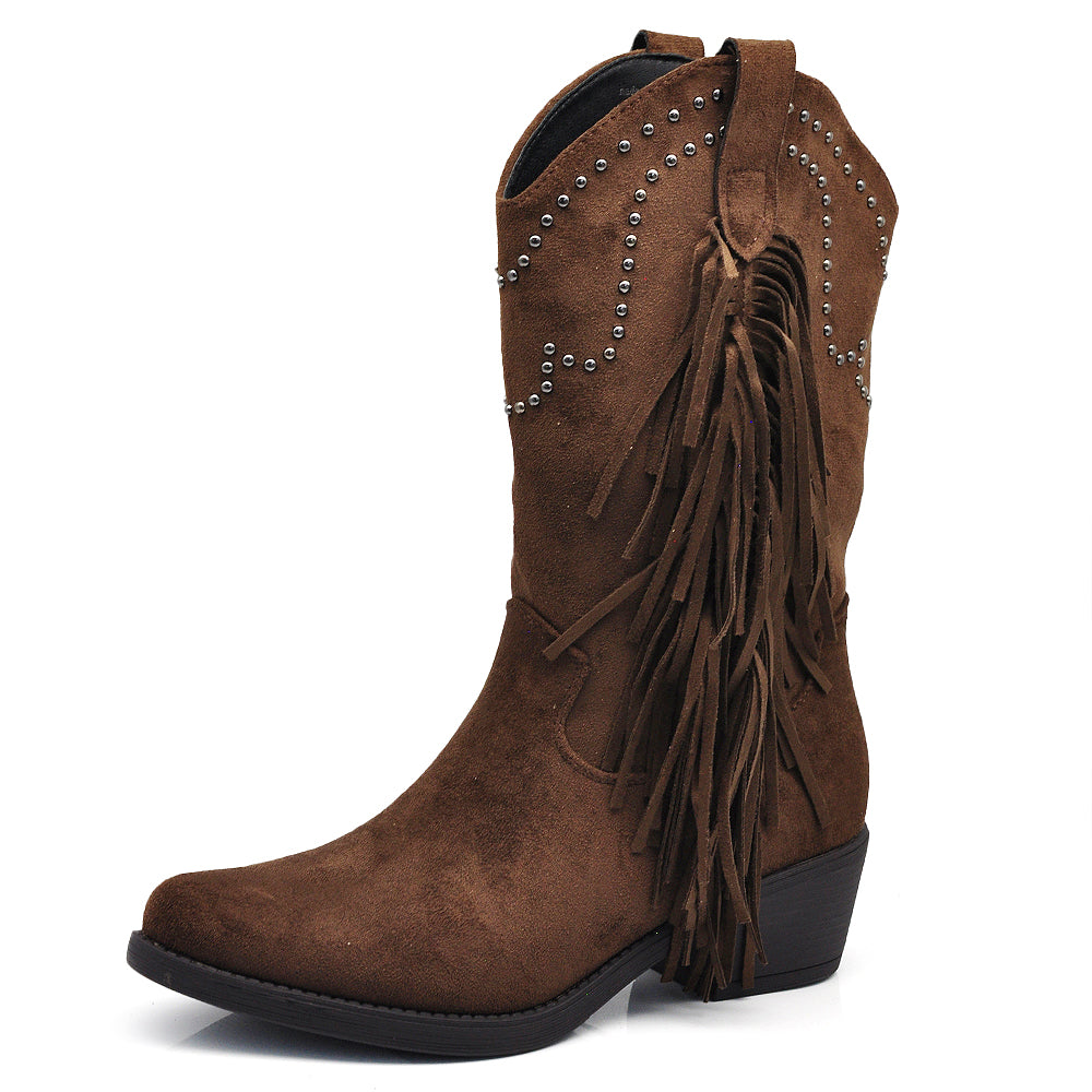 Stivali Texani Cowboy Cowgirl Con Frange Camoscio Sintetico Camperos KL995
