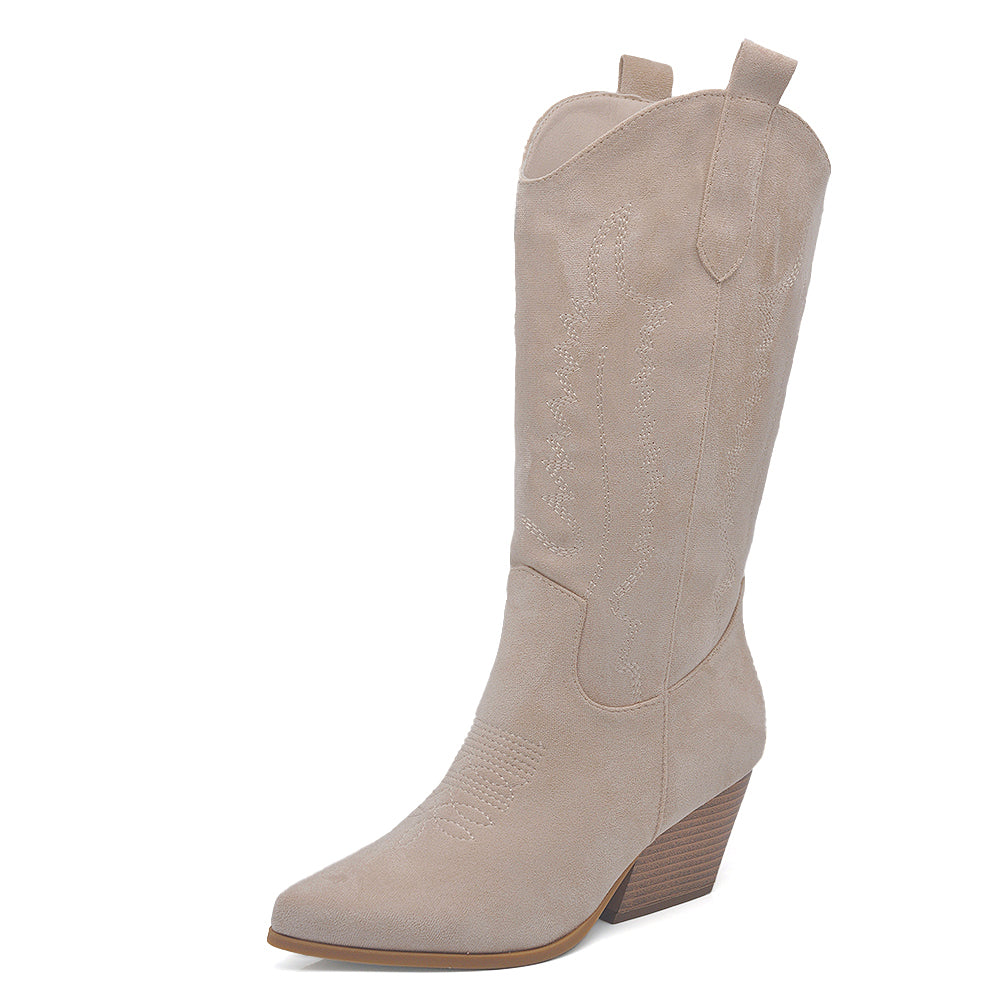 Stivali Texani Donna al Polpaccio con Tacco Largo – Stivali Western Leggeri in Materiale Camoscio Sintetico