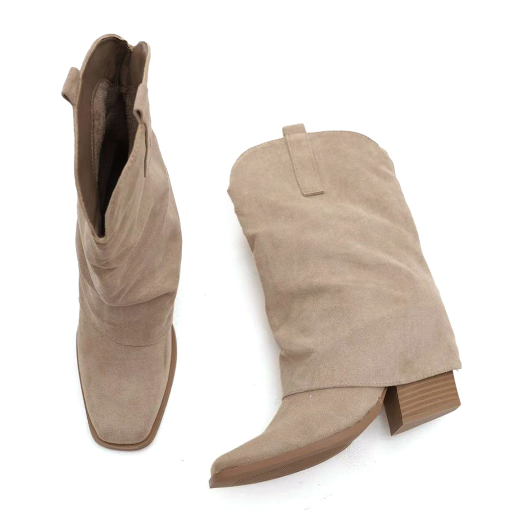 Scarpe da Donna Stivali Texani Western Stivaletti Arricciati Scamosciati Con Ghette Punta Quadrata MP738