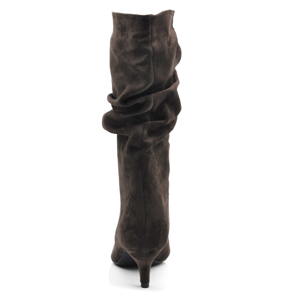 Stivali al polpaccio da donna scamosciato con tacco basso a spillo gattina KITTEN HEELS arricciato elegante e confortevole A206 marrone beige