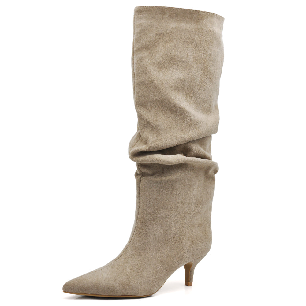 Stivali alti donna scamosciato con tacco basso a spillo gattina KITTEN HEELS arricciato elegante e confortevole A9811 beige marrone nero