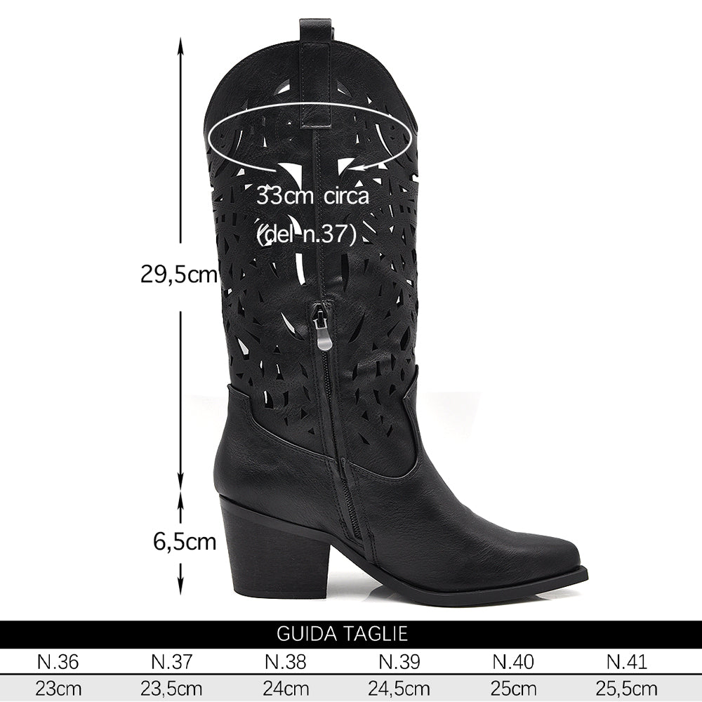 Stivali Alti Primaverili Texani Donna Traforati al Polpaccio – Stivaletti Western con Tacco Medio