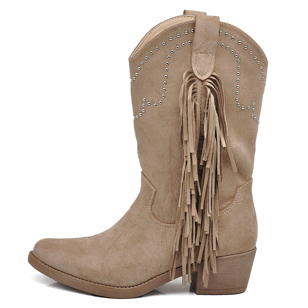 Stivali Texani Cowboy Cowgirl Con Frange Camoscio Sintetico Camperos KL995